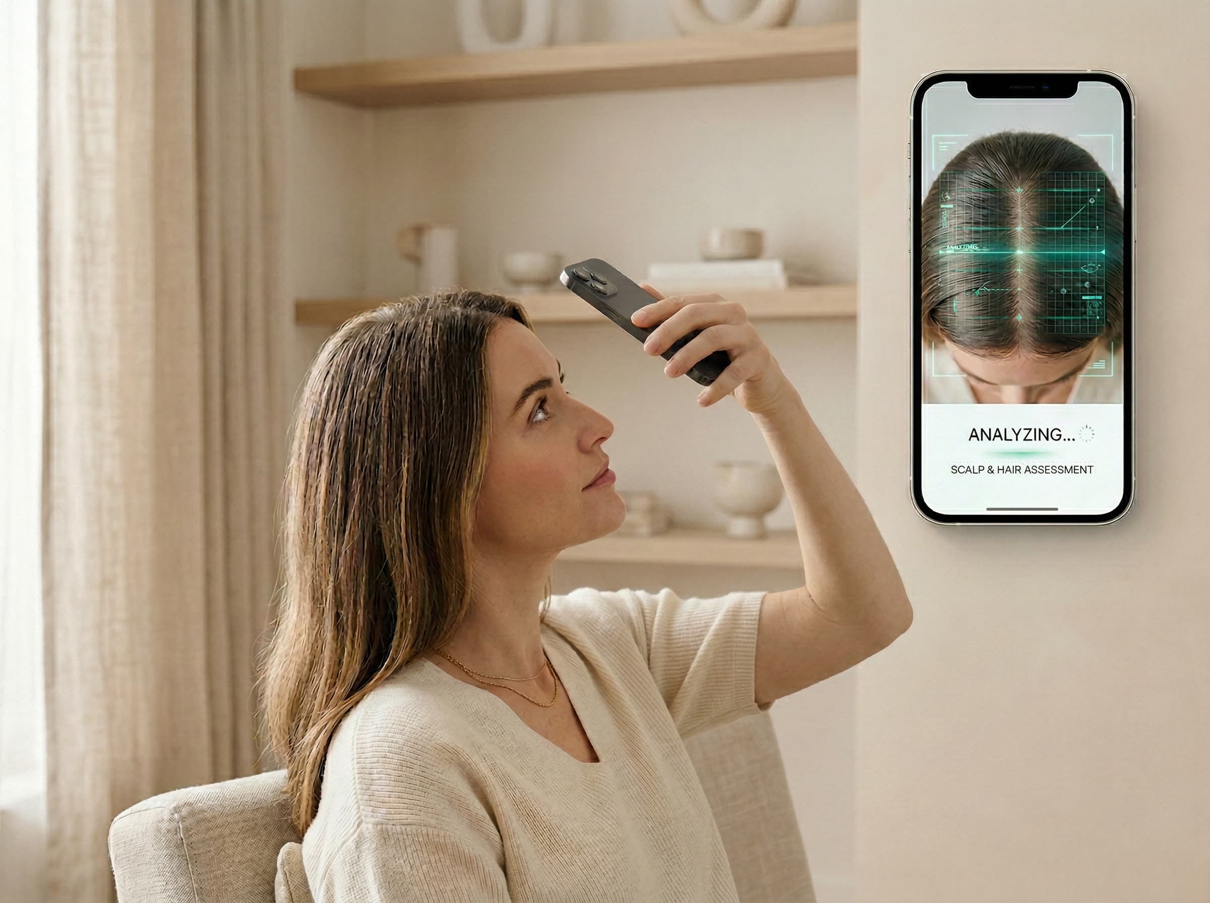 Woman taking a hair selfie with AI analysis on screen