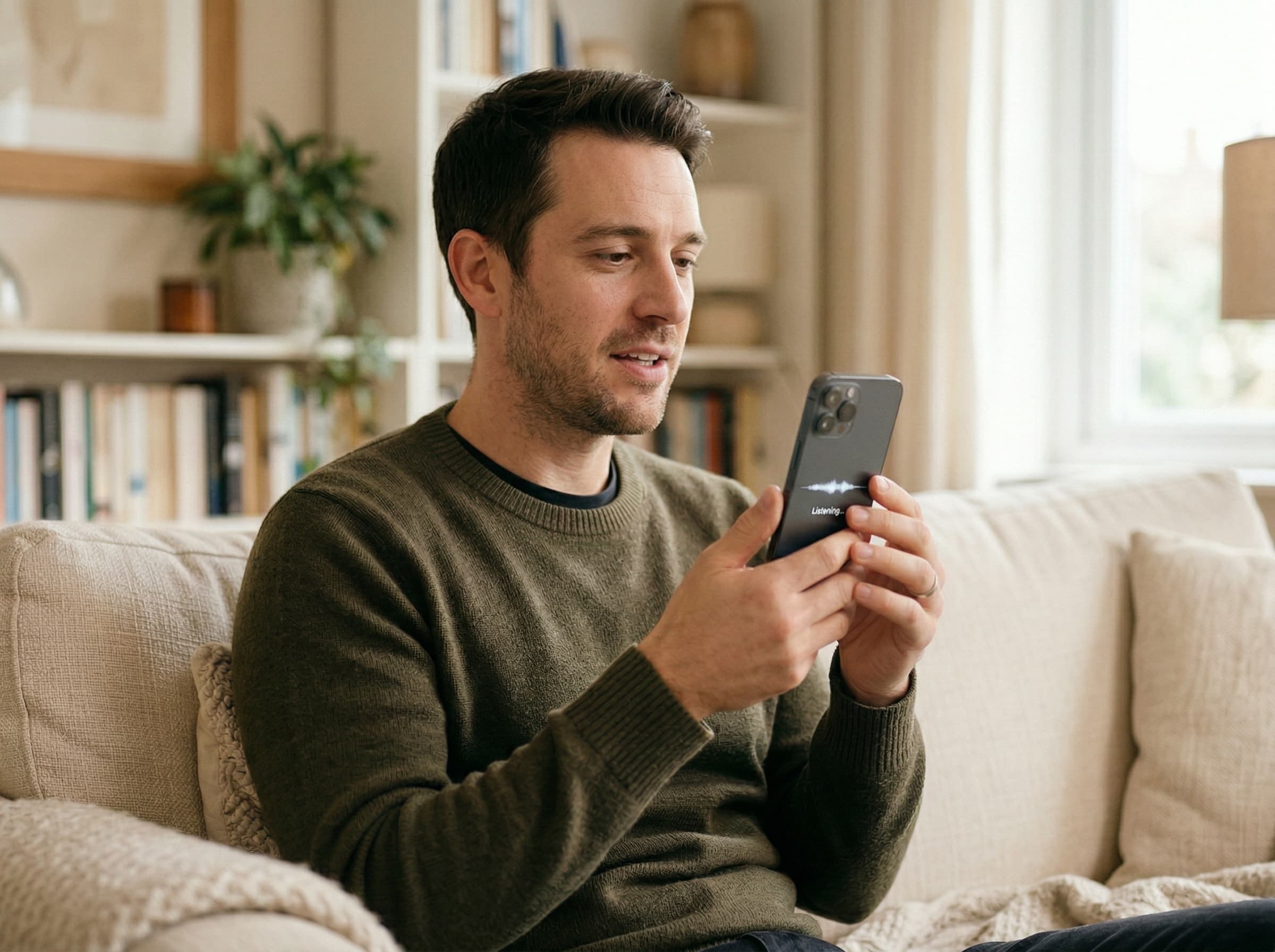 Man comfortably chatting with AI on phone from home