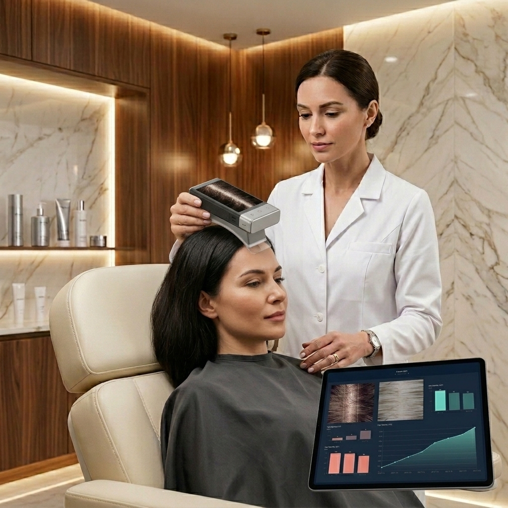 GroTrack AI hair analysis camera and iPad dashboard showing hair density data